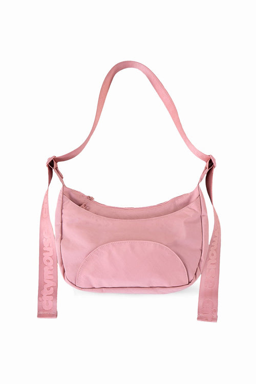 Pink shoulder bag with a strap on a white background