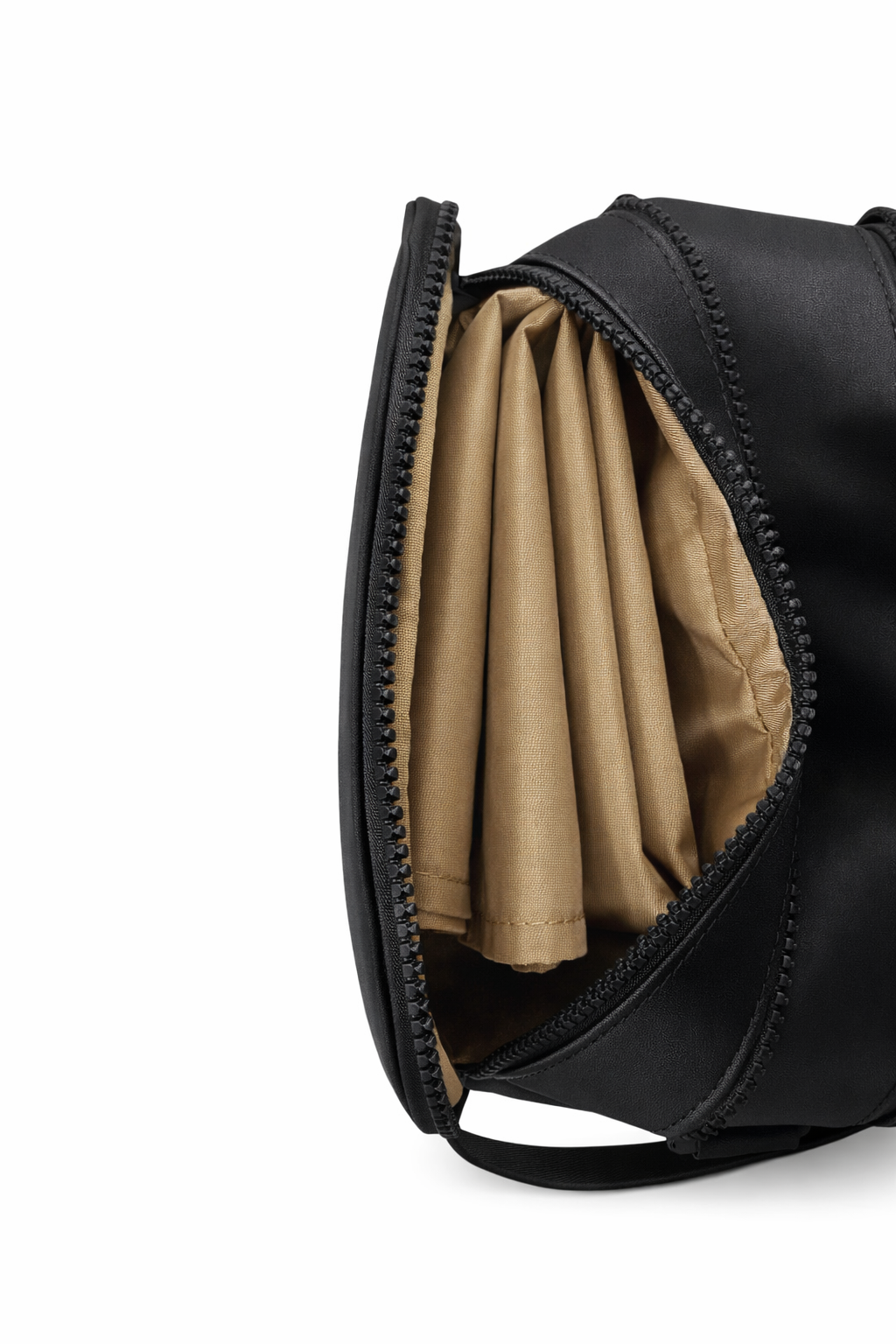 Black bag with beige interior on a white background