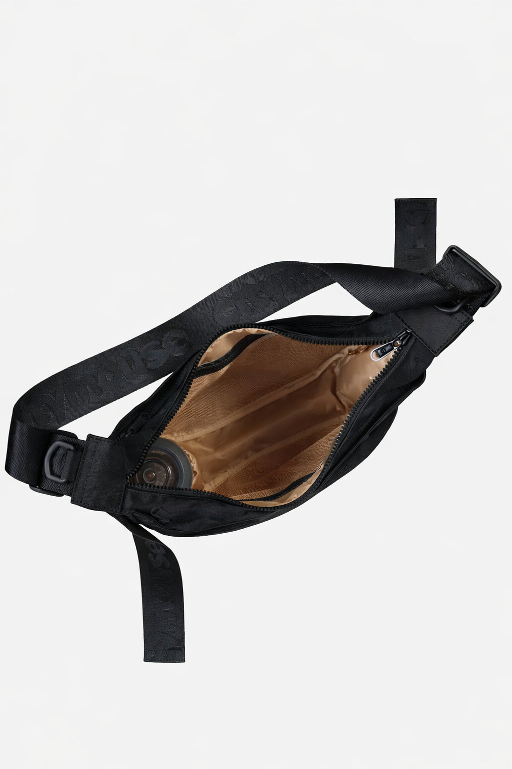 Citymouse NY Park Bag in Onyx/Black with a plain black strap, shown open to display the interior compartments and pockets