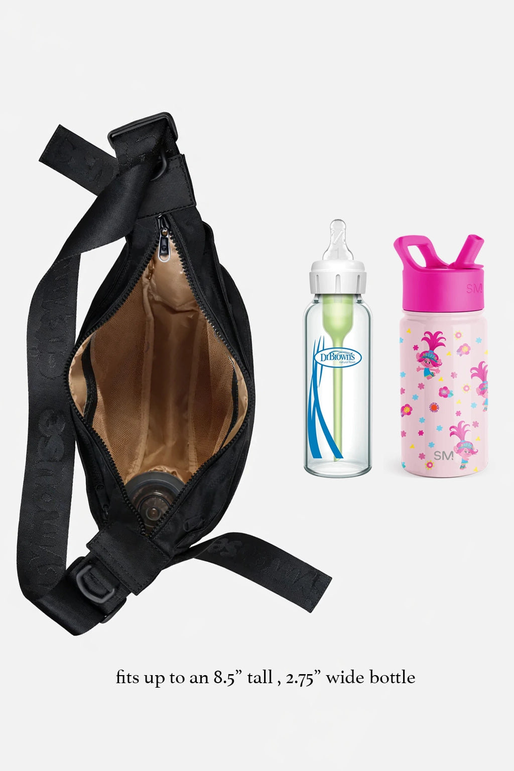 Black sling bag with a baby bottle and sippy cup on a white background