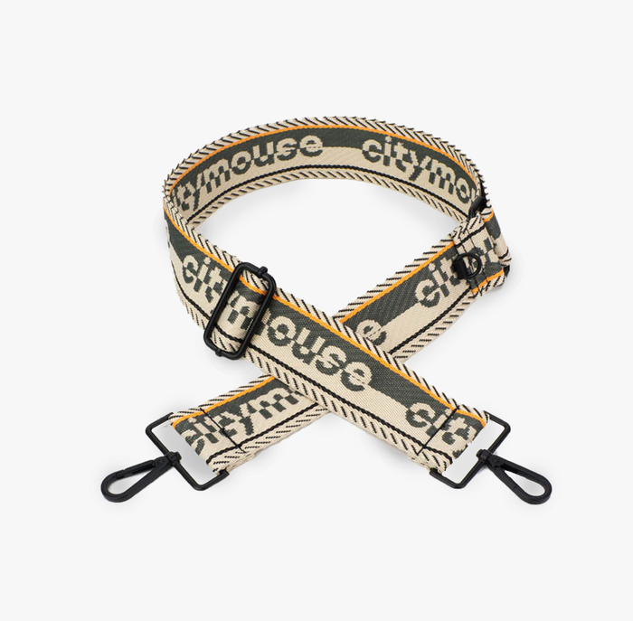 A black and beige woven strap with the text 'citymouse' repeated across the length and adjustable buckles.